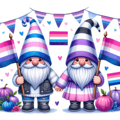 Pride Month wearing rainbow clothes, LGBTQ+ gnome holding colorful LGBTQ+ flags, homosexuality. transparent background