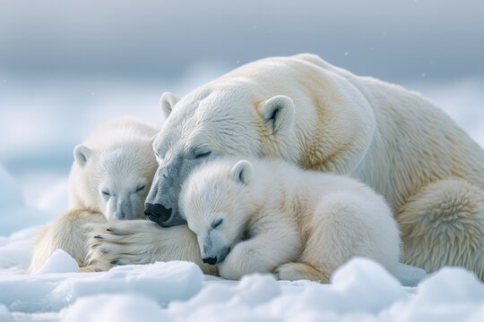 A depiction of a quiet moment as the polar bear family rests on a thick pack of ice, the mother curl