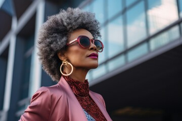 Portrait of a tender afro-american woman in her 50s wearing a trendy sunglasses in sophisticated...