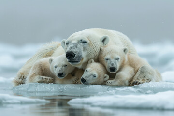 Fototapeta premium A depiction of a quiet moment as the polar bear family rests on a thick pack of ice, the mother curl