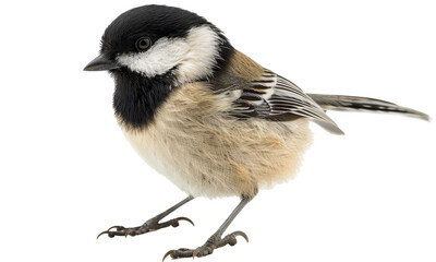 Naklejka premium A close-up view of a marsh tit perched gracefully, showcasing its distinctive black-capped head and fluffy beige feathers, situated against a clean white background