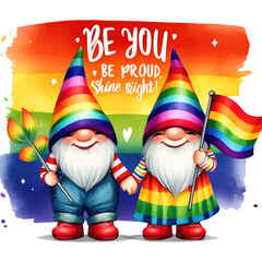 Pride Month wearing rainbow clothes, LGBTQ+ gnome holding colorful LGBTQ+ flags, homosexuality. transparent background