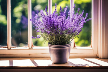 Fototapeta na wymiar Lavender flowers on the window in a pot