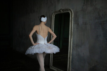 Ballerina in a swan costume looks in the mirror