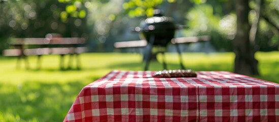 A fresh country red and white checked cloth covers the background of an empty picnic table, suitable for product placement or advertising, with a barbecue situated on a green lawn in the background.