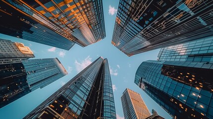 Urban giants stand tall, their steel and glass facades ascending to meet the boundless expanse of a pristine blue sky, epitomizing contemporary architectural splendor.
