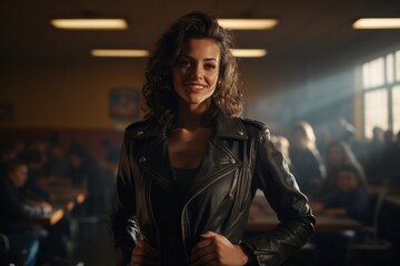 Portrait of a merry woman in her 30s sporting a classic leather jacket on lively classroom background