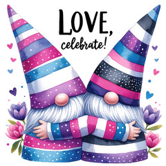 Pride Month wearing rainbow clothes, LGBTQ+ gnome holding colorful LGBTQ+ flags, homosexuality. transparent background
