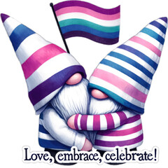 Pride Month wearing rainbow clothes, LGBTQ+ gnome holding colorful LGBTQ+ flags, homosexuality. transparent background