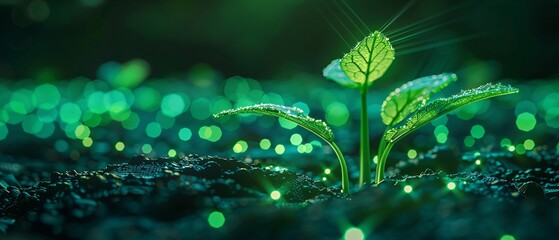 Seedling sprouting from digital soil neon green code - obrazy, fototapety, plakaty