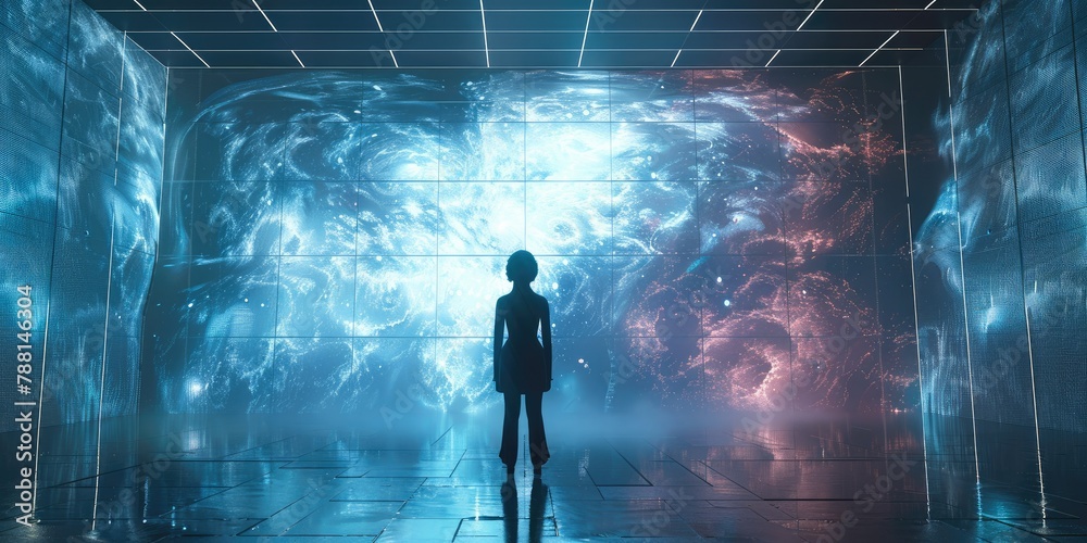 Poster A person standing in front of a large scale immersive display in a virtual production studio. Generative AI.