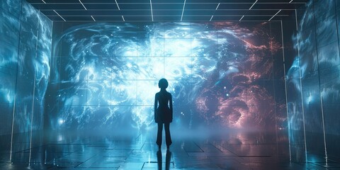 A person standing in front of a large scale immersive display in a virtual production studio. Generative AI.