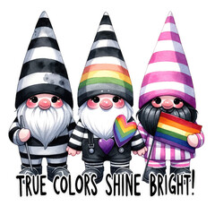 Pride Month wearing rainbow clothes, LGBTQ+ gnome holding colorful LGBTQ+ flags, homosexuality. transparent background