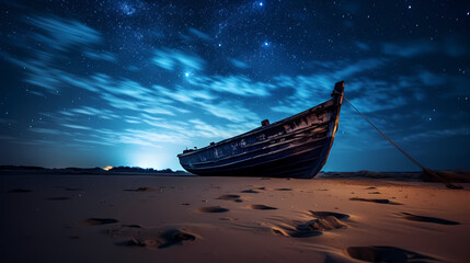 Abandoned sunken ship on the beach under starry night sky, shrouded in fog - obrazy, fototapety, plakaty