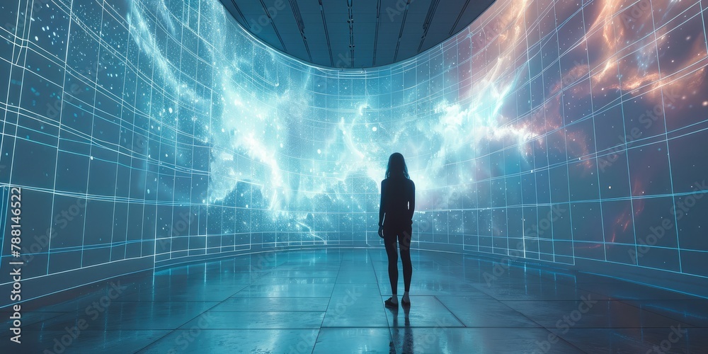 Aufkleber A person standing in front of a large scale immersive display in a virtual production studio. Generative AI.