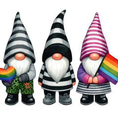 Pride Month wearing rainbow clothes, LGBTQ+ gnome holding colorful LGBTQ+ flags, homosexuality. transparent background
