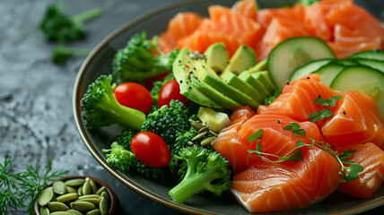 Healthy dietary delicious breakfast of slices of red salmon, green broccoli, avocado, tomatoes and cucumbers, on a decorative plate - obrazy, fototapety, plakaty