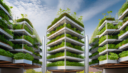 vertical farming towers in urban environments, showcasing automated systems for sustainable. Generative AI.