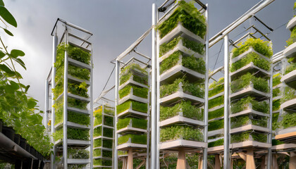 vertical farming towers in urban environments, showcasing automated systems for sustainable. Generative AI.