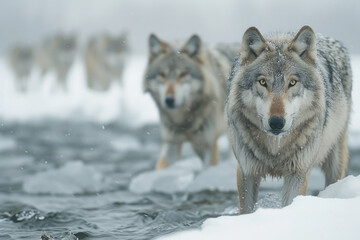 An image of a young wolf learning to navigate the slippery ice, its older pack members guiding it wi - obrazy, fototapety, plakaty