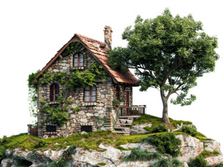 Fototapeta premium A charming stone cottage surrounded by lush greenery on a small rocky outcrop under a clear sky, showcasing a blend of nature and rustic architecture