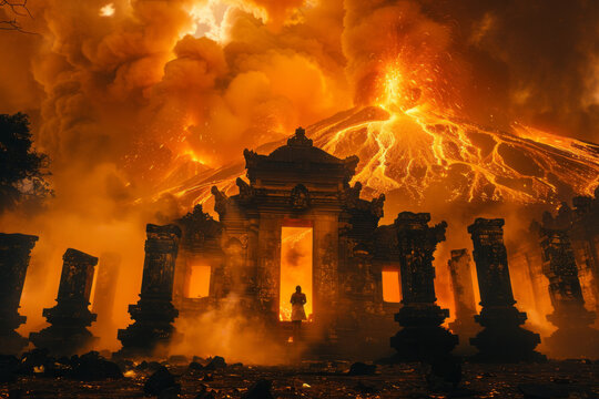An image of an ancient temple silhouetted against a backdrop of an erupting volcano, connecting cult