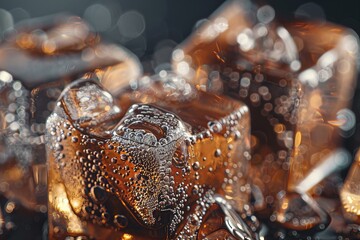 Ice cube on brown background, soda ice liquid