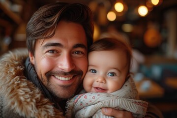 Smiling father and baby bonding in a cozy cafe atmosphere. Global Day of Parents