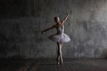 Ballerina in a white tutu dances the part of the white swan from the ballet.