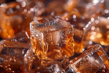 Ice cube on brown background, soda ice liquid