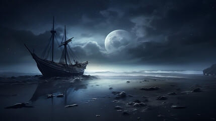 Abandoned sunken ship on the beach under starry night sky, shrouded in fog