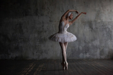 Ballerina in a white ballet costume dances the part of the swan from Tchaikovsky's ballet Swan Lake.