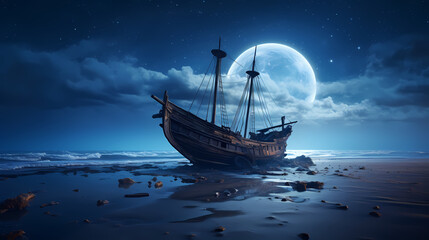 Abandoned sunken ship on the beach under starry night sky, shrouded in fog - 788147585