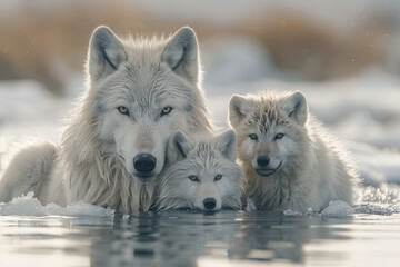 Obraz premium A depiction of an experienced wolf teaching its cubs how to break through the ice to access fish tra