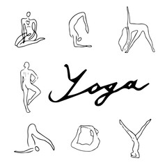Woman activities. Yoga collection of poses, vector yoga poses silhouettes. Balance, harmony and mindfulness concept. Vector illustration isolated on white background