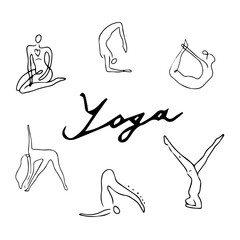 Woman activities. Yoga collection of poses, vector yoga poses silhouettes. Balance, harmony and mindfulness concept. Vector illustration isolated on white background