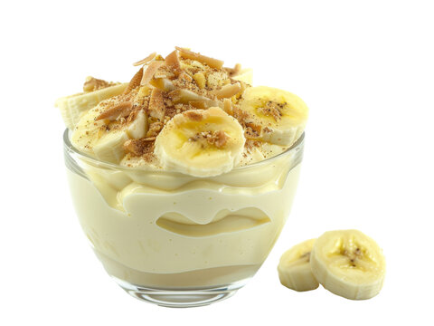 Delicious banana pudding topped with sliced bananas and crushed nuts served in a clear glass bowl, ideal for dessert lovers at an afternoon gathering