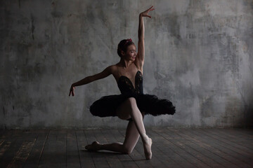 Ballerina in the role of the black swan from the ballet "Swan Lake".