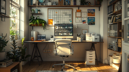 A home office designed with clear boundaries between work and personal life, a desk organized with...