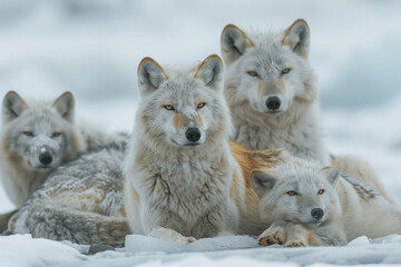 Naklejka premium An image showing the pack resting briefly in the shelter of an ice ridge after a successful hunt, co