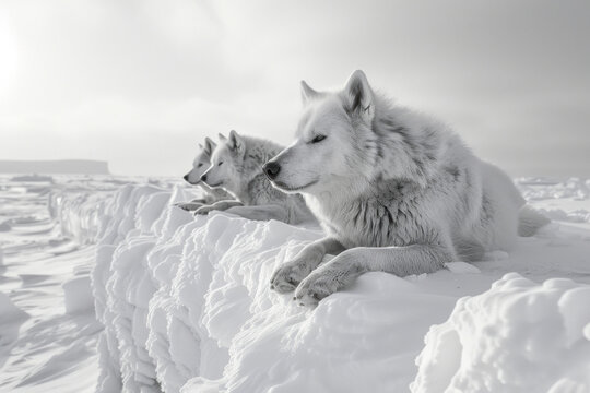 An image showing the pack resting briefly in the shelter of an ice ridge after a successful hunt, co