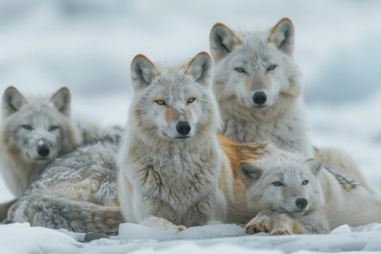 An image showing the pack resting briefly in the shelter of an ice ridge after a successful hunt, co