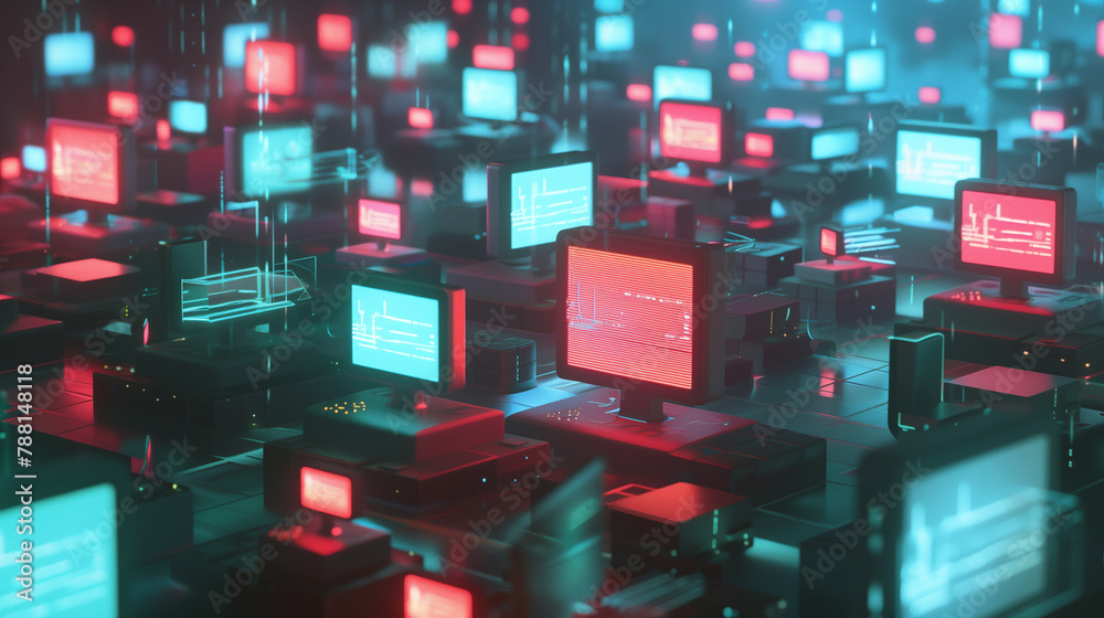 Poster a computer network with many monitors and a keyboard. the network is blue and the monitors are conne