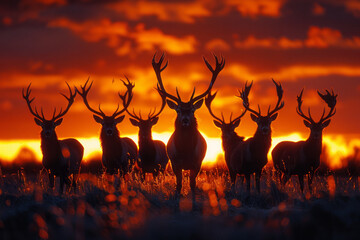A depiction of stags during the rut illuminated by the golden light of sunset, their silhouettes dra - obrazy, fototapety, plakaty