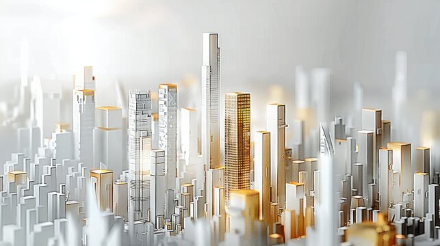 White background, city skyline with white buildings that have gold and silver textures on the front. White space in between, simple geometric shapes in the style of 3D rendering. Generative AI.