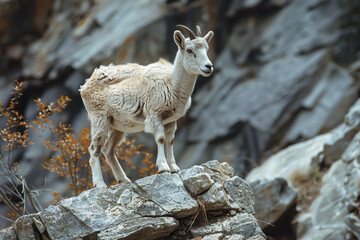 A depiction of wildlife in the stone forest, such as a nimble mountain goat navigating the rocky ter