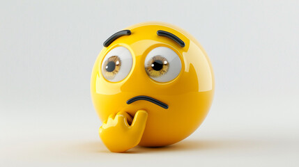 Yellow Thinking face emoji emoticon face shown with a single finger and thumb resting on the chin glancing upward on white background