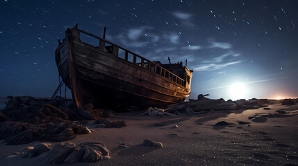 Abandoned sunken ship on the beach under starry night sky, shrouded in fog - obrazy, fototapety, plakaty