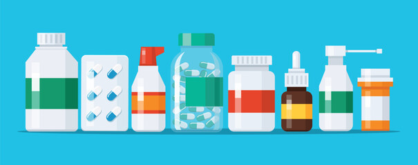 Group of Medicine bottles capsules vector illustration