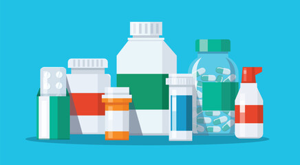Group of Medicine bottles capsules vector illustration